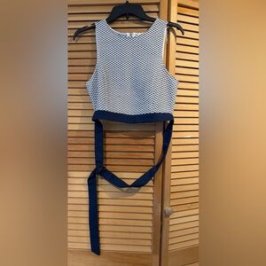 Navy and White Set of Crop Top with Belt and Skirt